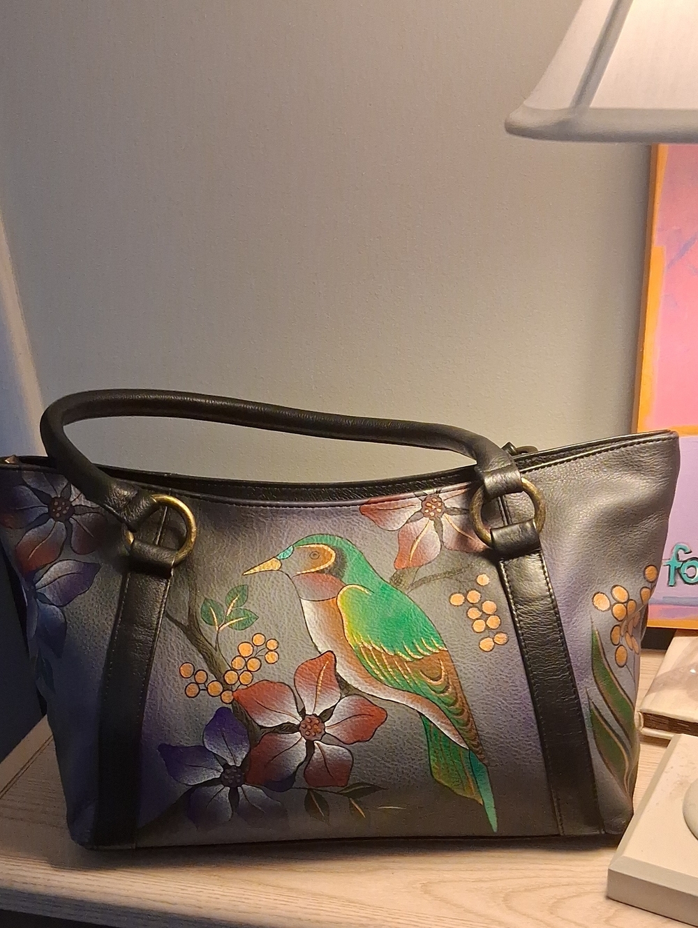 Black Hand-Painted Leather Tote with Green Bird Motif